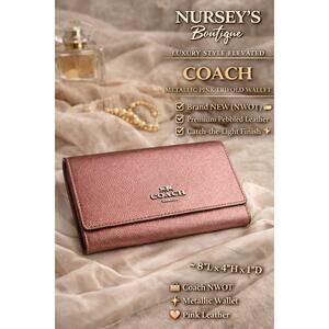 Coach Metallic Pink Trifold Wallet Leather NWOT Slim Snap
